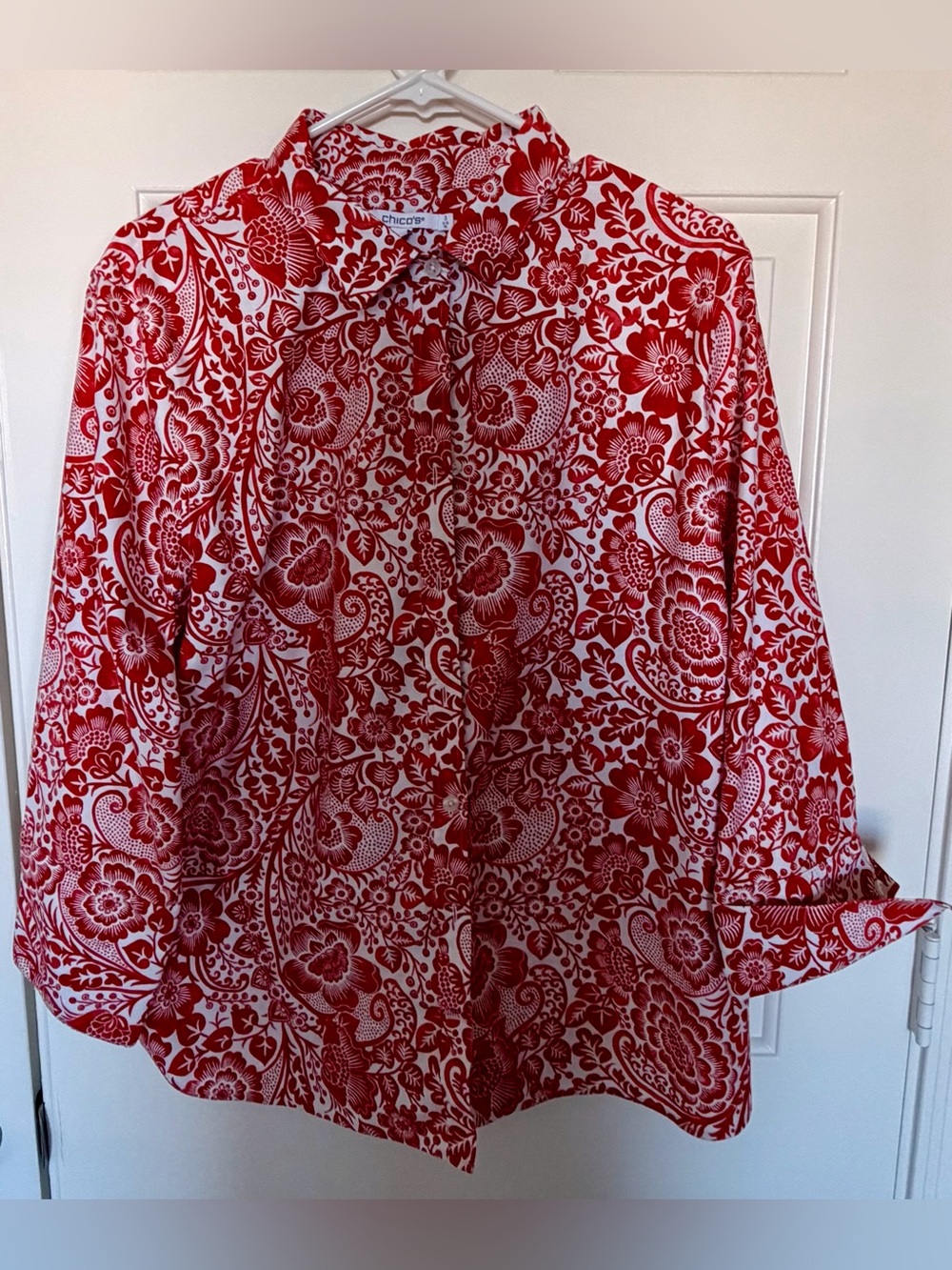 Chico's Red and White Floral Button-Down Shirt